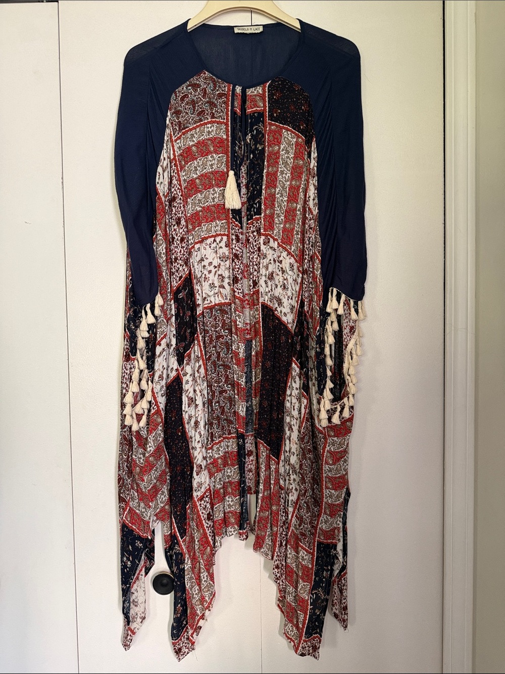 Boho Printed Tassel Tunic Top - Navy & Red